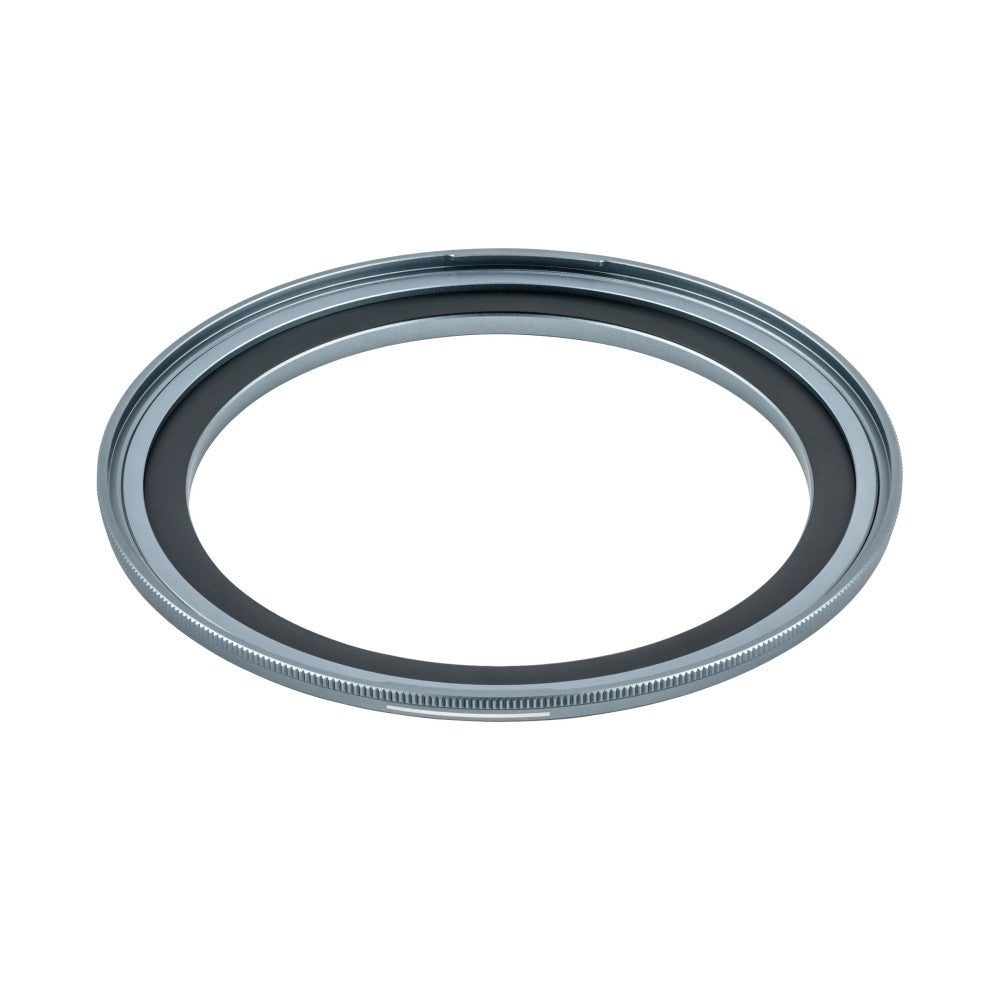 Angled top-down view of a circular metallic adapter ring with a grooved outer edge and dark inner lip against a white background.