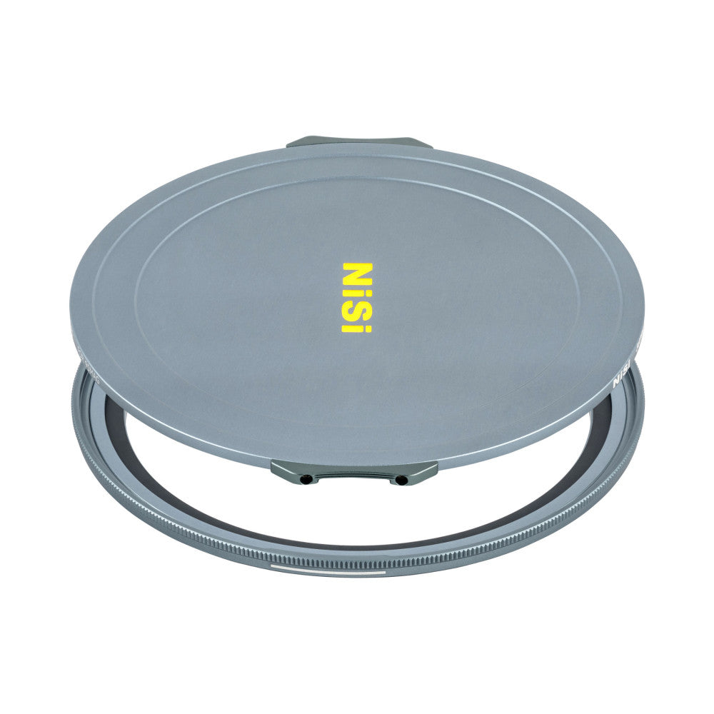 Gray circular magnetic adapter ring with NiSi branding, shown at an angled perspective displaying the top lid and side grip handle.