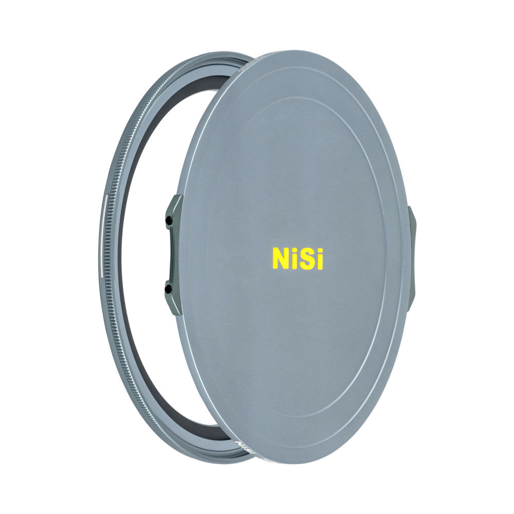 NiSi JetMag Pro 95mm magnetic adapter ring shown from the side angle with cap separated, displaying the threaded ring and flat magnetic surface.