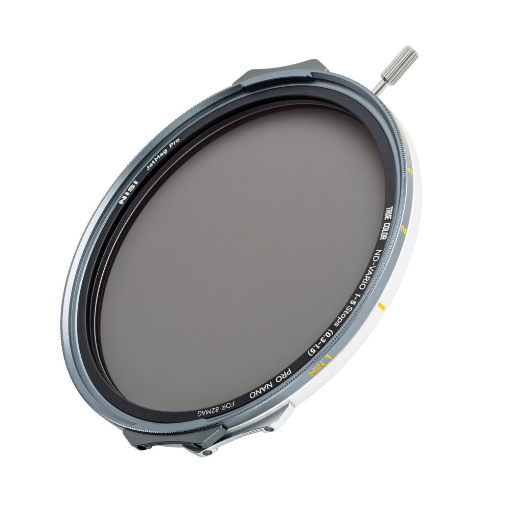 Angled view of a circular variable ND filter showing the front glass element and labeled outer ring with adjustment mechanism on top.