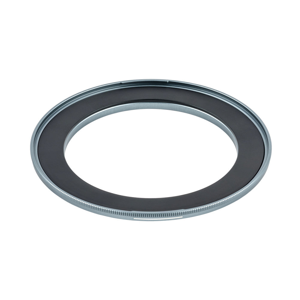 Overhead angled view of a metallic ring adapter with a black inner band and grooved silver outer edge against a white background.