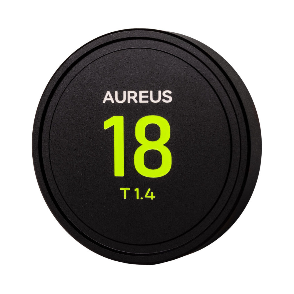 Front view of a black circular lens cap with "AUREUS 18 T1.4" printed in bright yellow-green text.