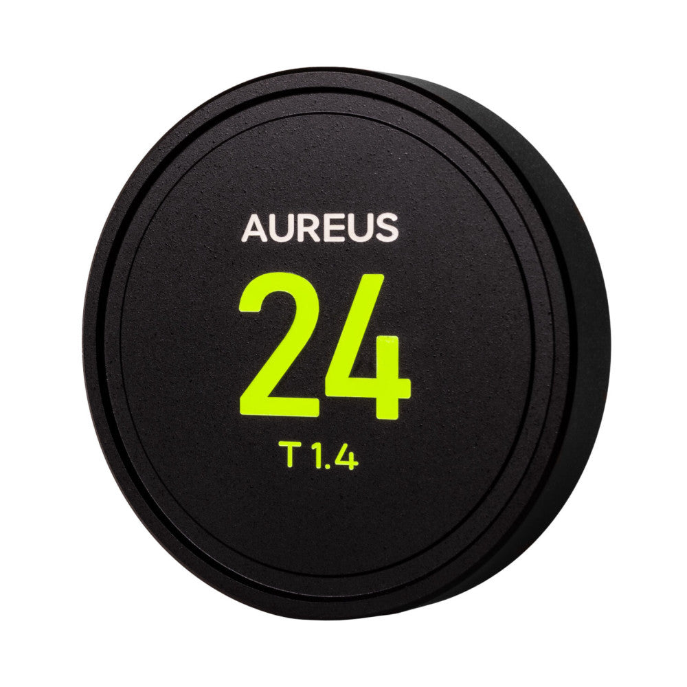 Front view of a black circular lens cap with "AUREUS 24 T1.4" printed in white and neon yellow text.