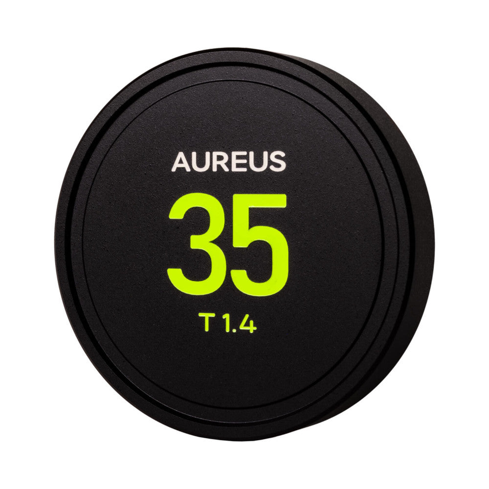 Black circular lens cap with white "AUREUS" text and yellow "35" and "T1.4" specifications displayed on the front.