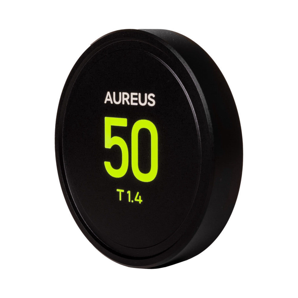 Black circular lens cap with "AUREUS 50 T1.4" text in white and bright yellow, shown at a slight angle against white background.