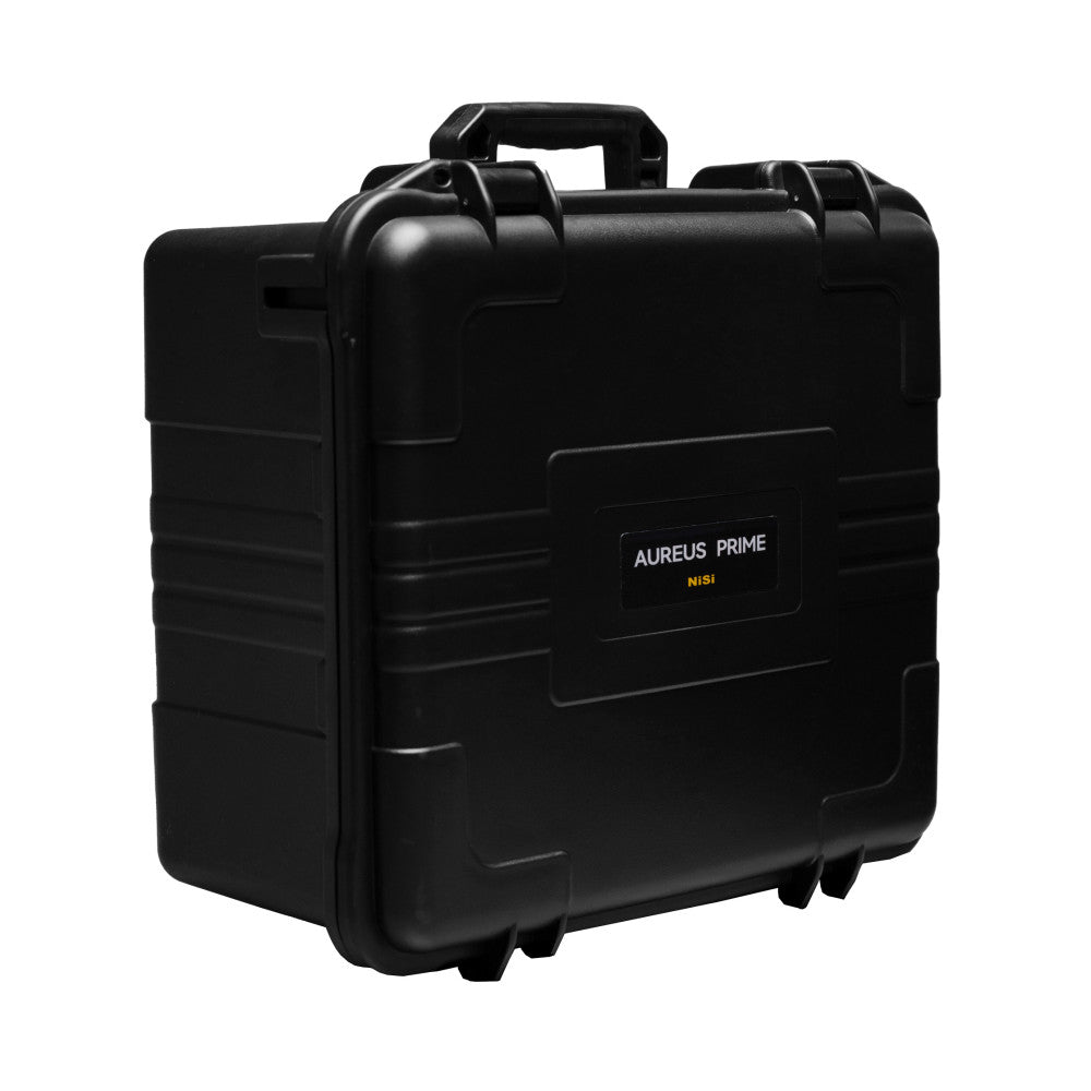 Black hardshell protective case with handle and wheels, front-facing view showing NiSi Aureus Prime branding label.