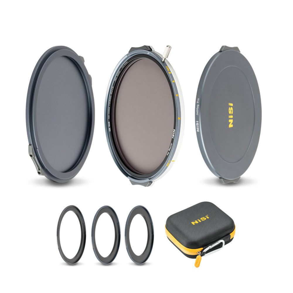 NiSi JetMag Pro VND filter kit displayed with three magnetic rings, lens cap, and protective carrying case against white background.