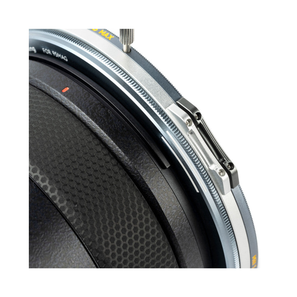 Close-up detail of NiSi JetMag Pro magnetic filter kit showing metal frame edge, textured black fabric case, and attachment mechanisms from angled side view.