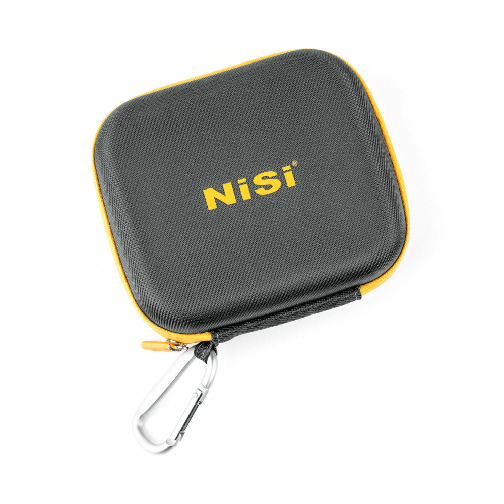 Gray and yellow protective carrying case with NiSi branding and attached carabiner clip, shown at an angle against white background.