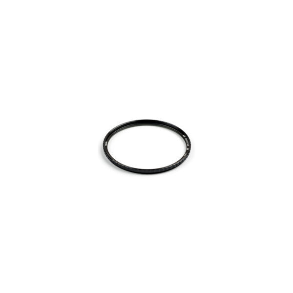 Black circular camera lens filter shown at a slight angle against a white background, displaying the threaded rim and glass surface.