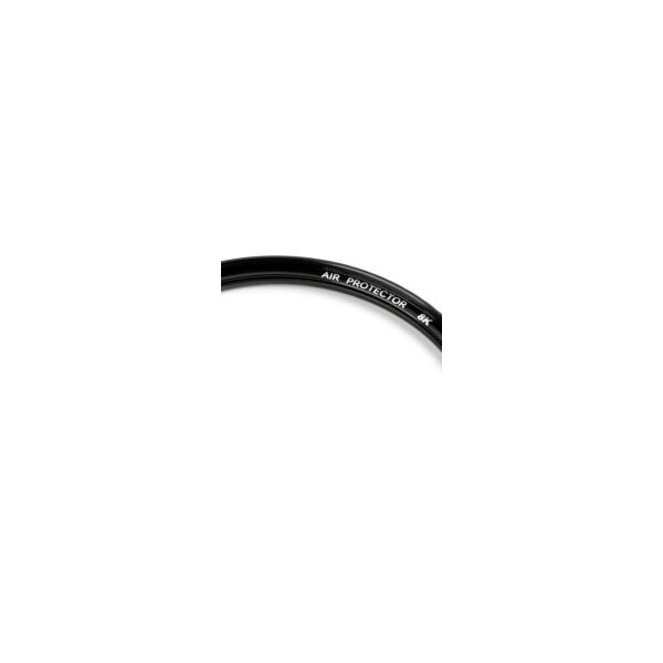 Close-up side view of a curved black filter showing "AIR PROTECTOR" text engraved on its edge against white background.