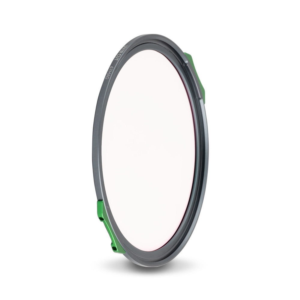 Angled side view of a circular magnetic filter ring with gray body and green magnetic attachment points against a white background.