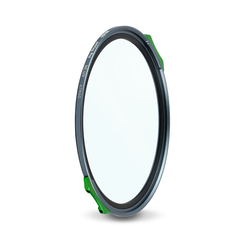 Circular magnetic filter ring with dark gray body and bright green magnetic attachment points, shown at an angle against white background.