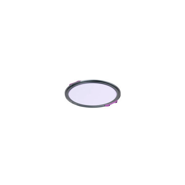 Circular magnetic camera filter with dark gray frame and light purple-tinted glass, shown at angled perspective view against white background.