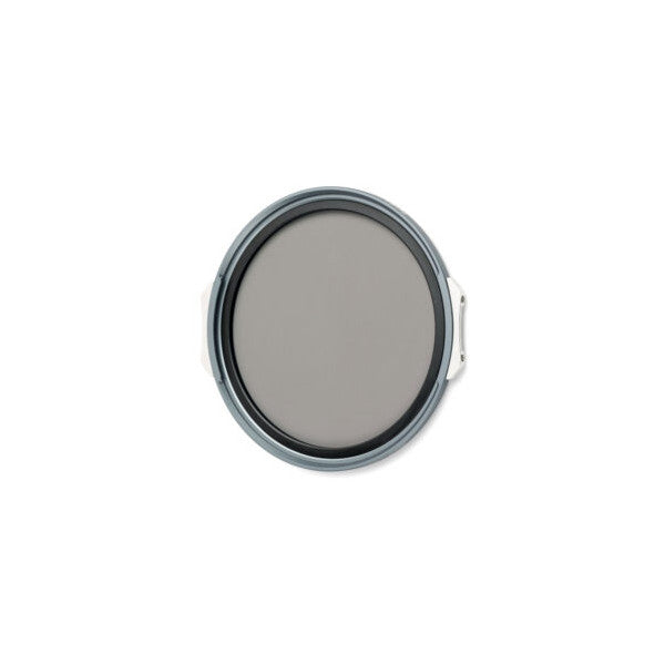 Circular polarizing filter with gray metal ring and dark frame shown front-on against white background