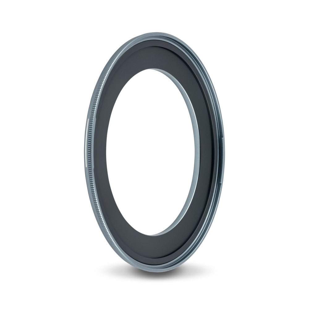 Side view of a gray and black magnetic adapter ring with textured outer edge and inner dark rubber gasket, displayed at an angle against white background.