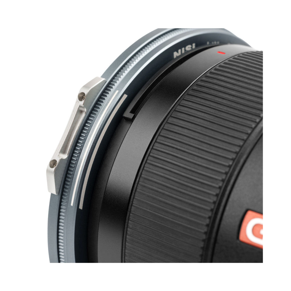 Close-up side view of NiSi magnetic adapter ring showing metal mounting bracket and textured black barrel detail.