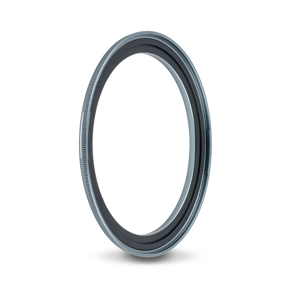 Angled side view of a gray and black magnetic adapter ring with visible threading and grooved edges against a white background.