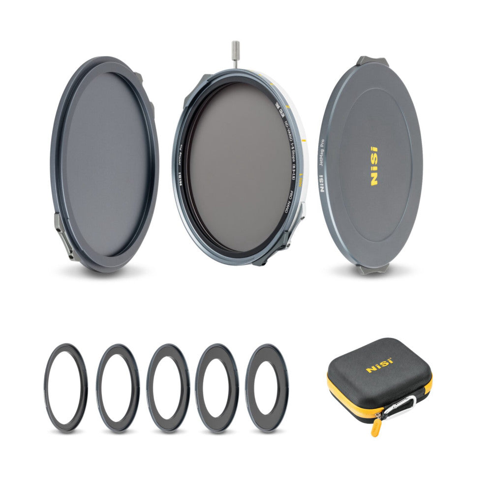 NiSi JetMag Pro VND magnetic filter kit displayed with adapter rings, lens caps, and carrying case against white background.