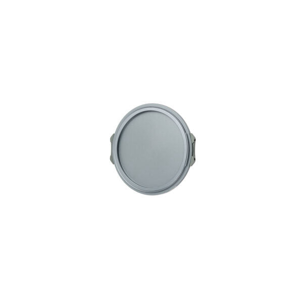 Front view of a circular gray magnetic lens cap with two side handles against a white background.