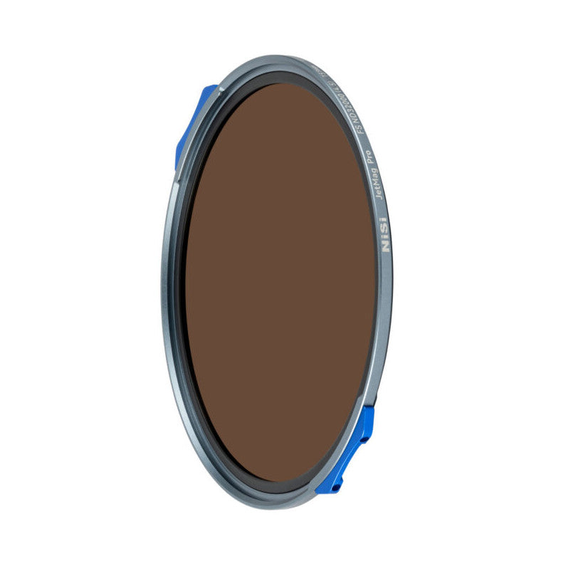 Angled front view of a circular magnetic ND filter with gray metal ring and blue magnetic attachment points on white background