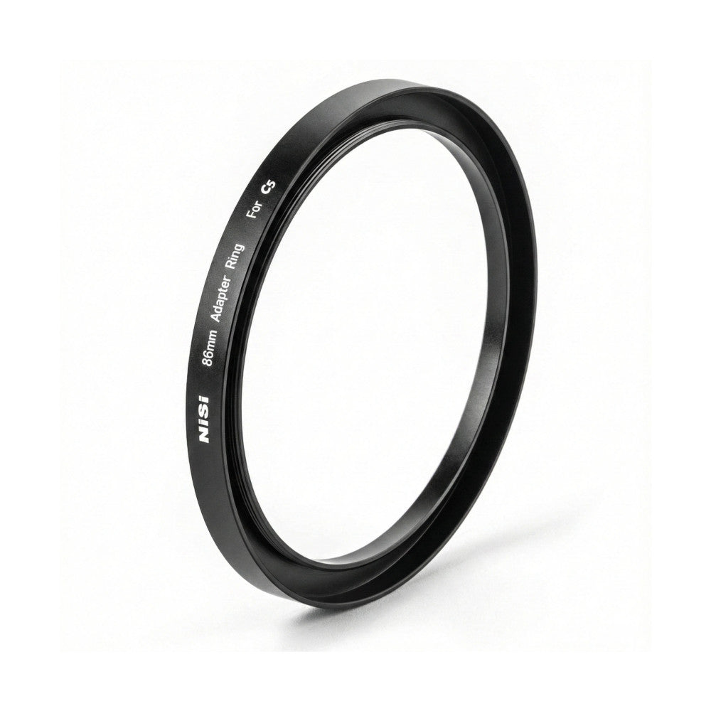Black metal adapter ring shown at an angle, displaying engraved text "NiSi," "86mm Adaptor Ring," and "For C5" on its surface.