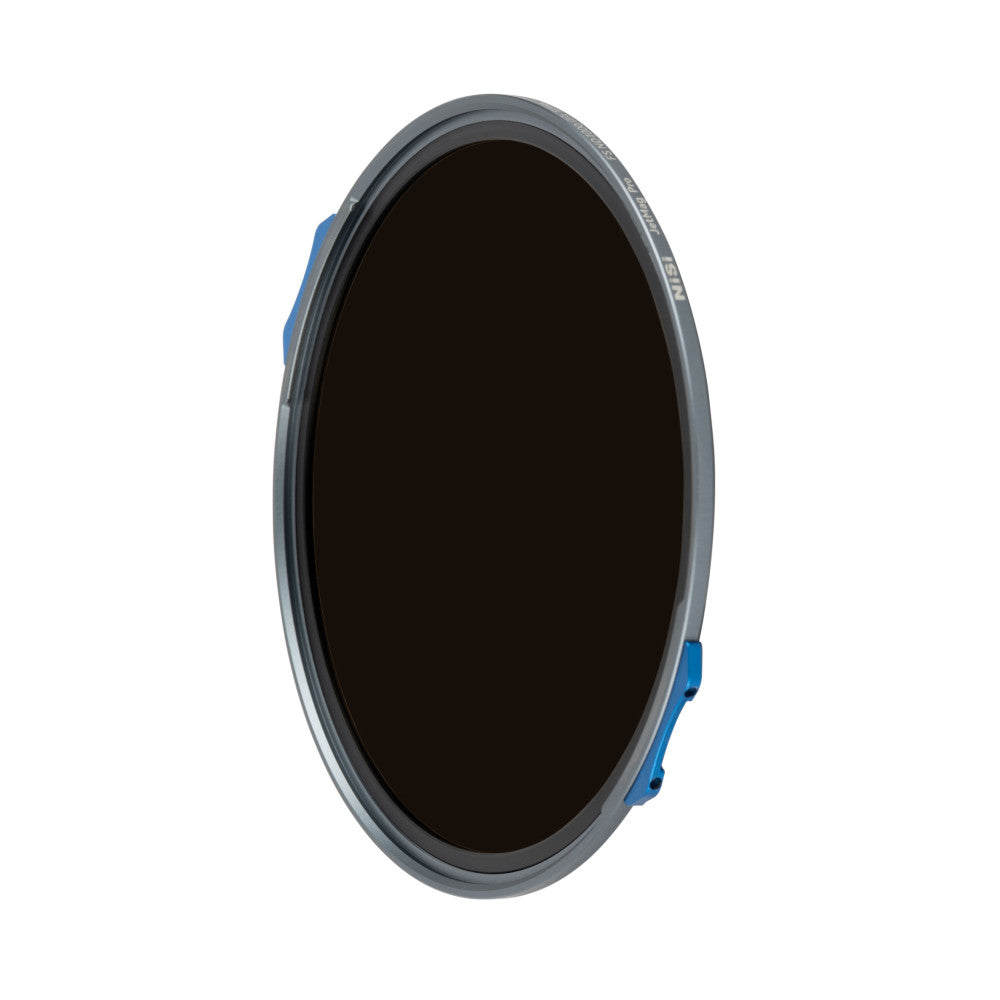 Gray circular magnetic ND filter with dark tinted glass center and blue adjustment clips visible on the side, shown at a slight angle against white background.