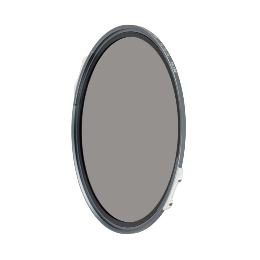 Angled view of a circular polarizing filter with dark gray magnetic ring and frame against white background.