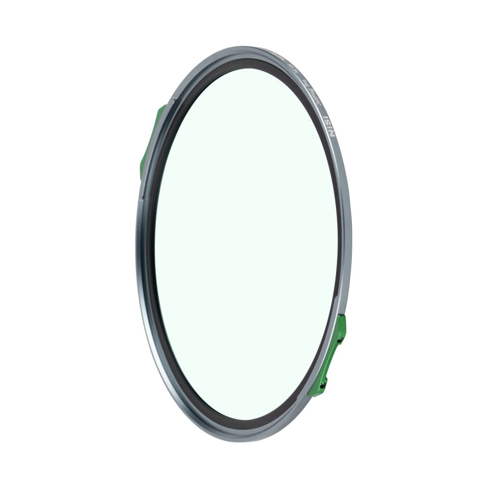 Circular gray and green magnetic filter ring shown from front angle against white background, displaying clear glass center and metal frame with green attachment tabs.