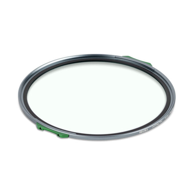 Overhead view of a circular magnetic UV filter with gray metal rim and green locking clips against white background.