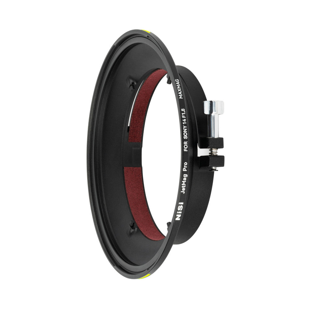 Black circular magnetic filter adapter with red interior padding, shown at an angle against white background, displaying the NiSi branding and Sony FE 14mm compatibility marking on the band.