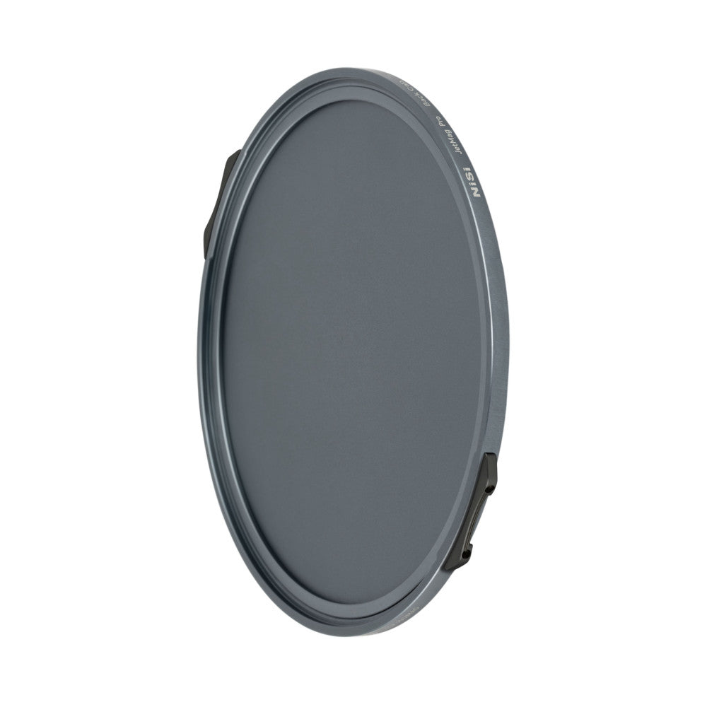 Gray circular magnetic filter cap with NiSi branding, shown at an angle against white background displaying the back side and magnetic attachment points.