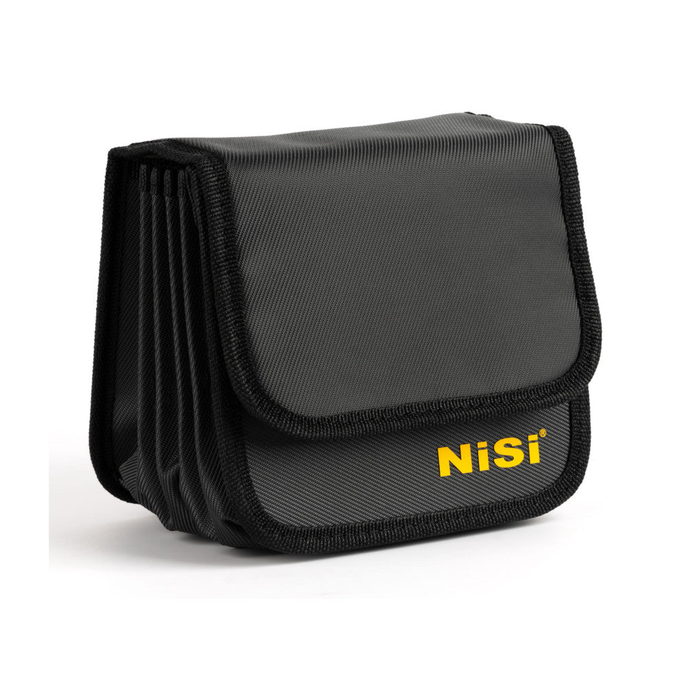 NiSi JetMag Pro MAXMAG Filter Pouch shown from front angle, displaying gray fabric exterior with black trim and yellow logo branding.