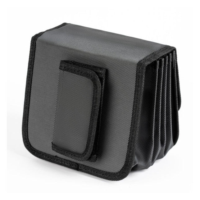 Black fabric filter pouch with accordion-style dividers shown from a three-quarter angle view against white background.