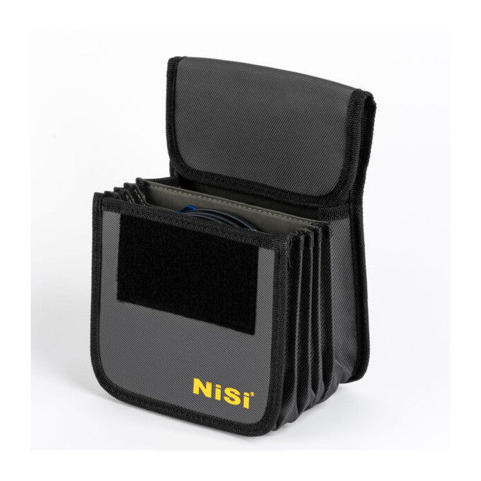 Open NiSi filter pouch displaying accordion-style compartments with black velcro patch, shown from front angle against white background.