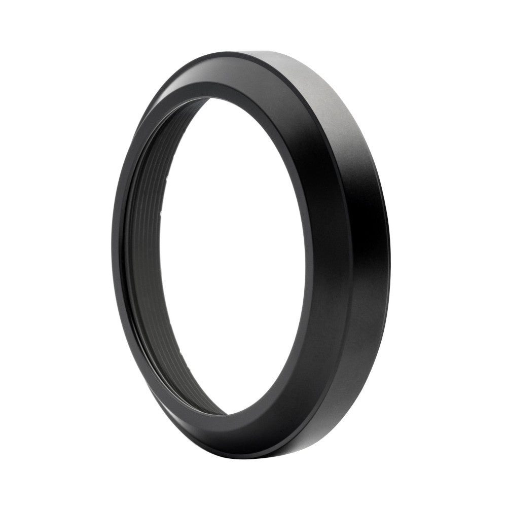 Black circular filter ring shown at an angle, revealing threaded inner surface and smooth outer edge against white background.
