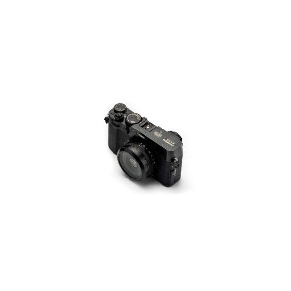 Black compact camera shown from above at three-quarter angle against white background, displaying lens and top controls.