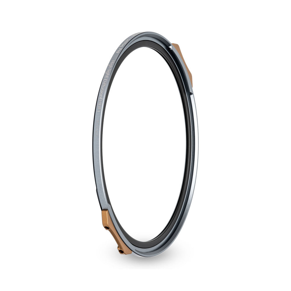 Side view of a circular magnetic filter ring with gray metal frame and brown leather attachment points against a white background.