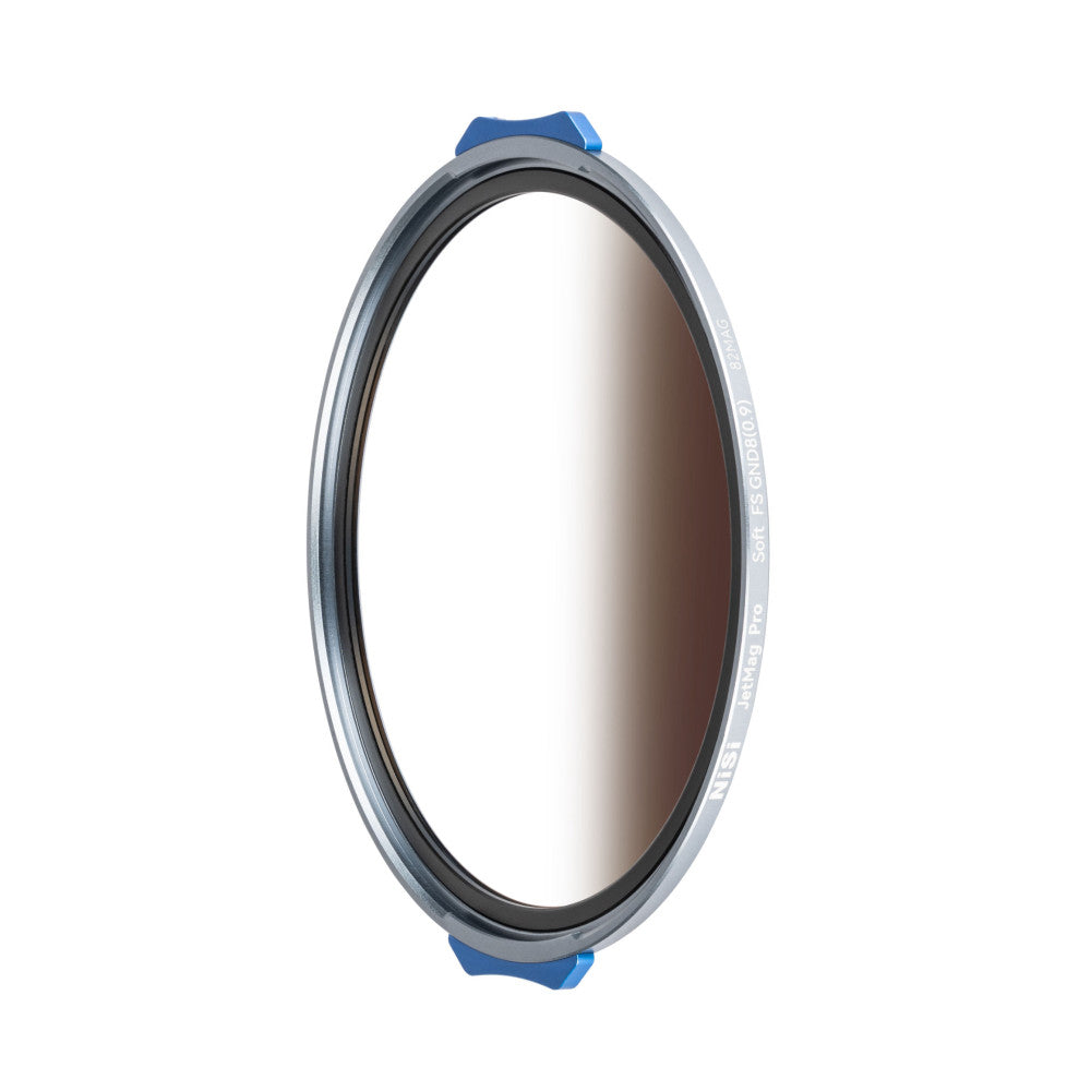 Front view of a circular magnetic camera filter with gray metal rim, dark glass center, and blue adjustment handles at top and bottom.