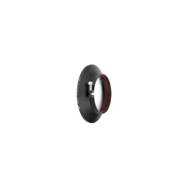 Angled side view of a black and red circular magnetic filter adapter ring with metallic attachment mechanism visible.