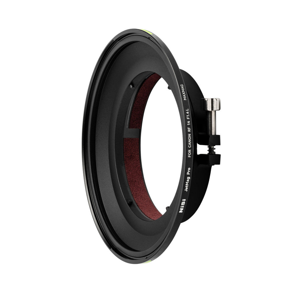 Black circular magnetic filter adapter with burgundy interior padding, shown at an angle against white background displaying the product name and specifications on the side.
