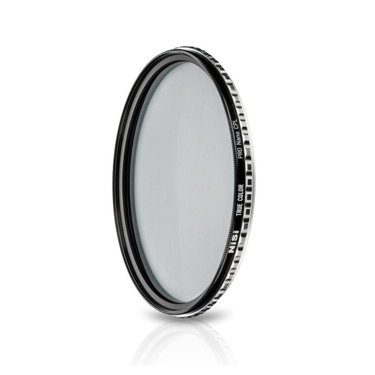 NiSi 43mm circular polarizing filter shown at a slight angle against white background, displaying the black threaded ring and transparent glass element.