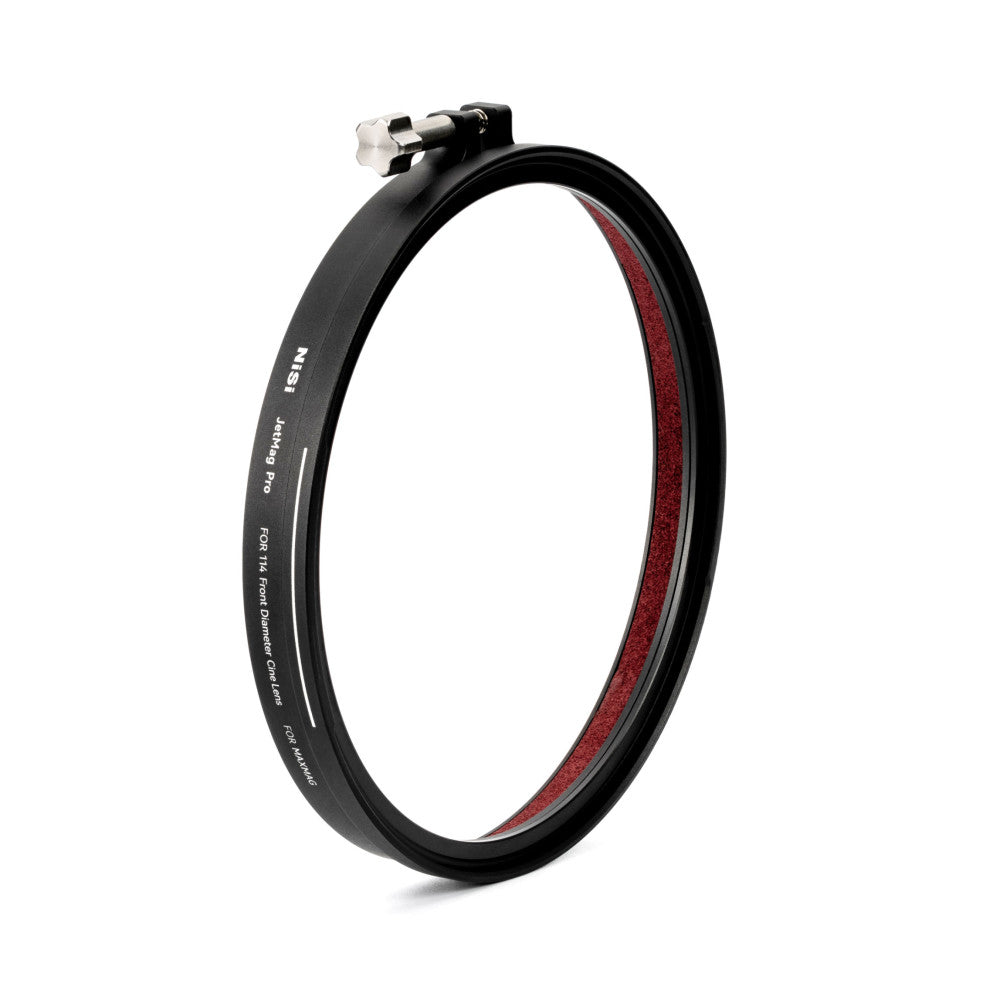 Black circular lens adapter ring with white text labeling, shown at an angle against white background, revealing red interior padding.