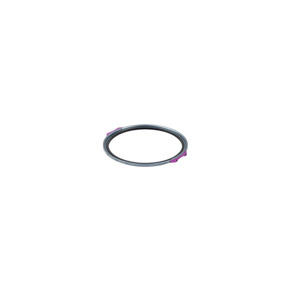 Overhead view of a circular gray magnetic filter ring with purple accent tabs against a white background.