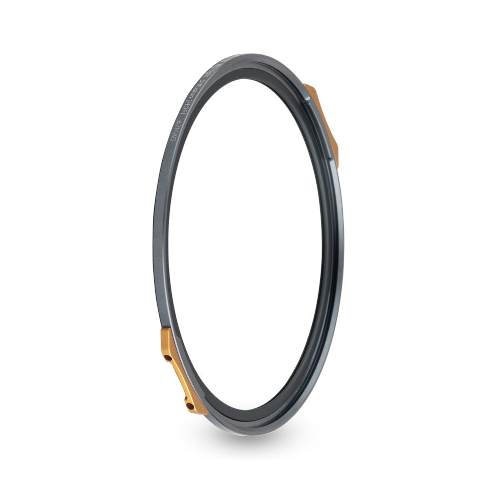 Circular gray filter ring with copper magnetic mounting brackets shown at an angle against white background.