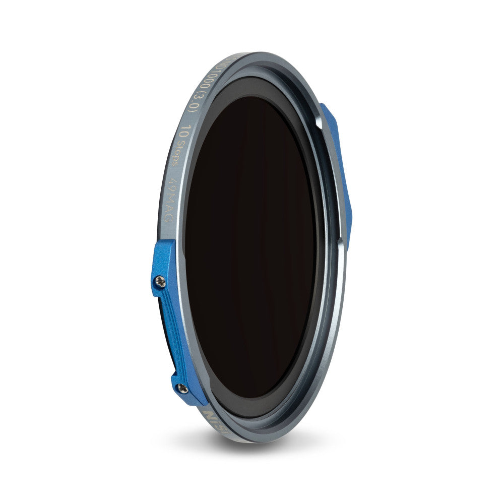 Side angle view of a circular magnetic filter with gray ring, dark center glass, and blue attachment tabs against white background.