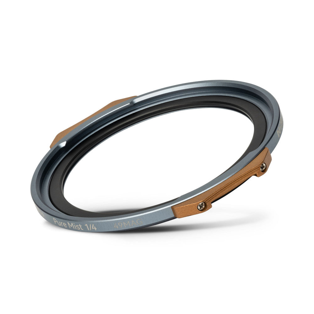 Angled side view of a circular magnetic filter with blue-gray metal rim, black interior, and tan leather handles on opposite sides.