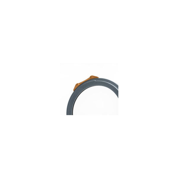 Close-up side view of a gray magnetic filter ring with orange adapter attachment against white background