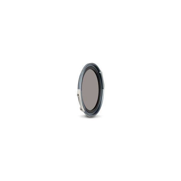 Circular polarizing filter shown at a slight angle against white background, displaying the dark gray magnetic frame and glass lens element.