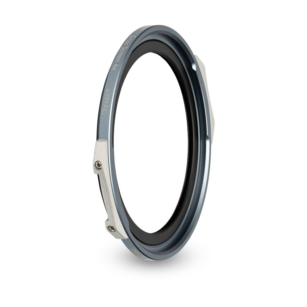 Gray circular magnetic filter ring with black inner seal and metal attachment bracket, shown at a tilted angle against white background.